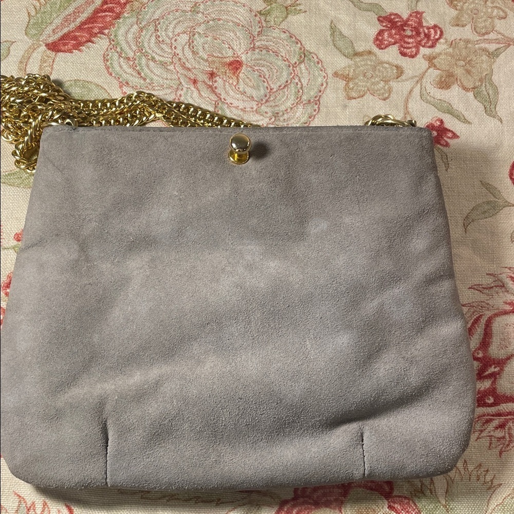 Ruth Saltz Vintage Gray Suede Shoulder Bag with Gold Accents Cougar Head - Picture 8 of 16